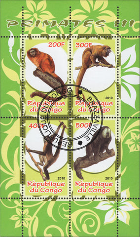 Congo Primates Monkeys Souvenir Sheet of 4 Stamps