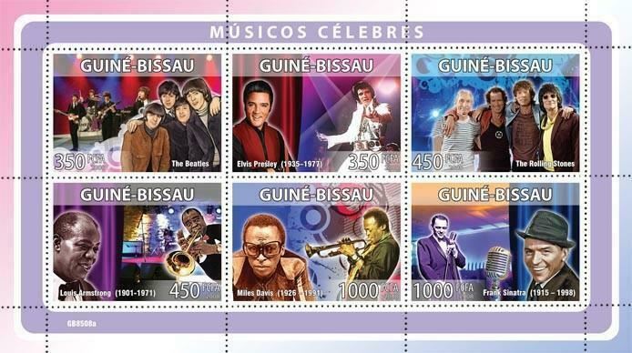Music Stamp The Beatles Presley The Rolling Stones L.Armstrong M.Davis S/S MNH