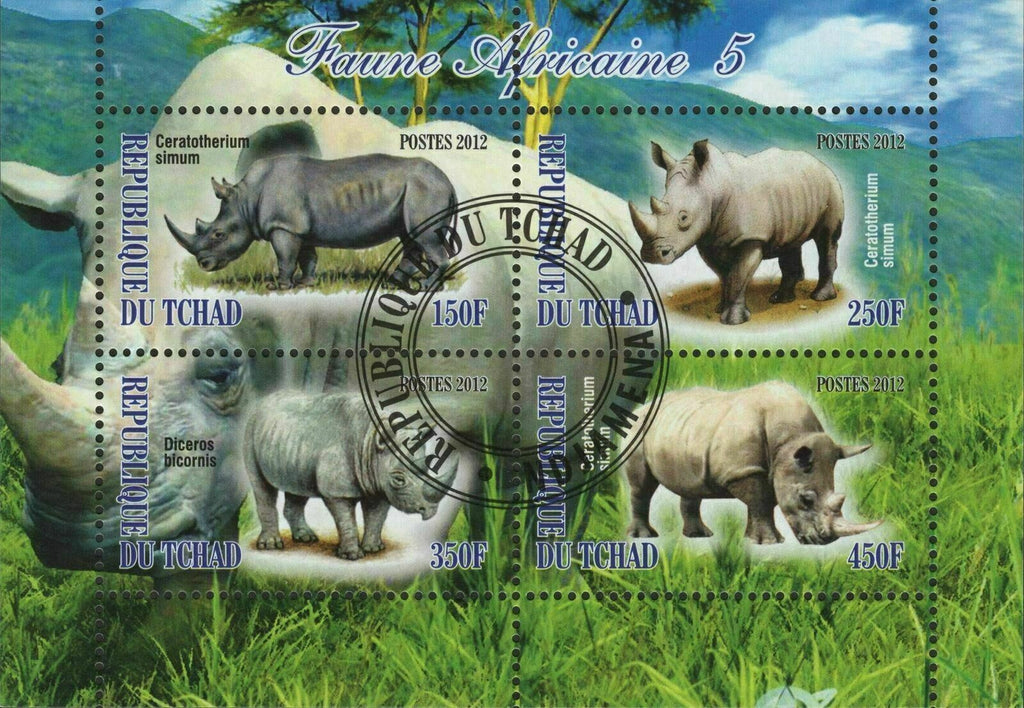 Rhino Stamp Wild Animal Sheet of 4 Stamps Rhinoceroses African Fauna