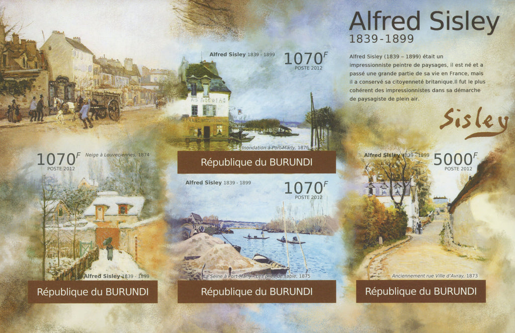 Famous Painter Alfred Sisley Imperforated Sov. Sheet of 4 Stamps MNH