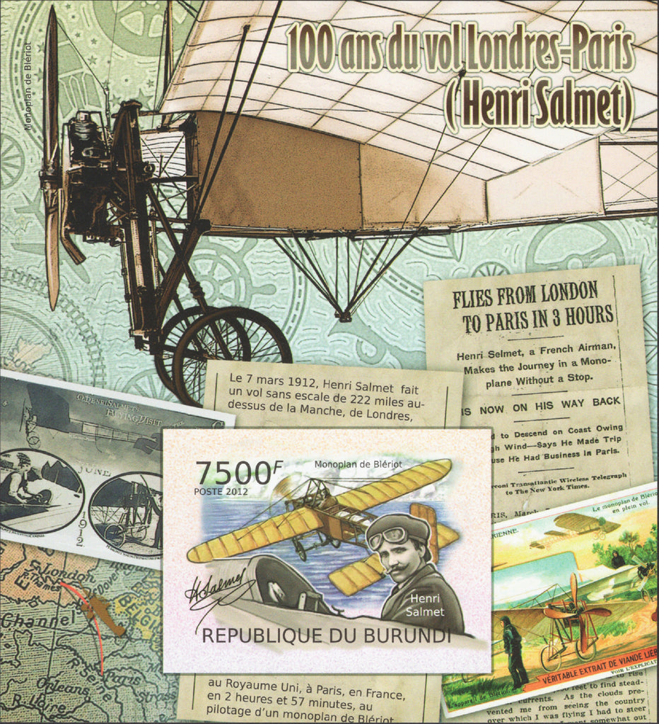 Henri Salmet Stamp Airplane Flight London Paris Imperforated Souvenir Sheet MNH