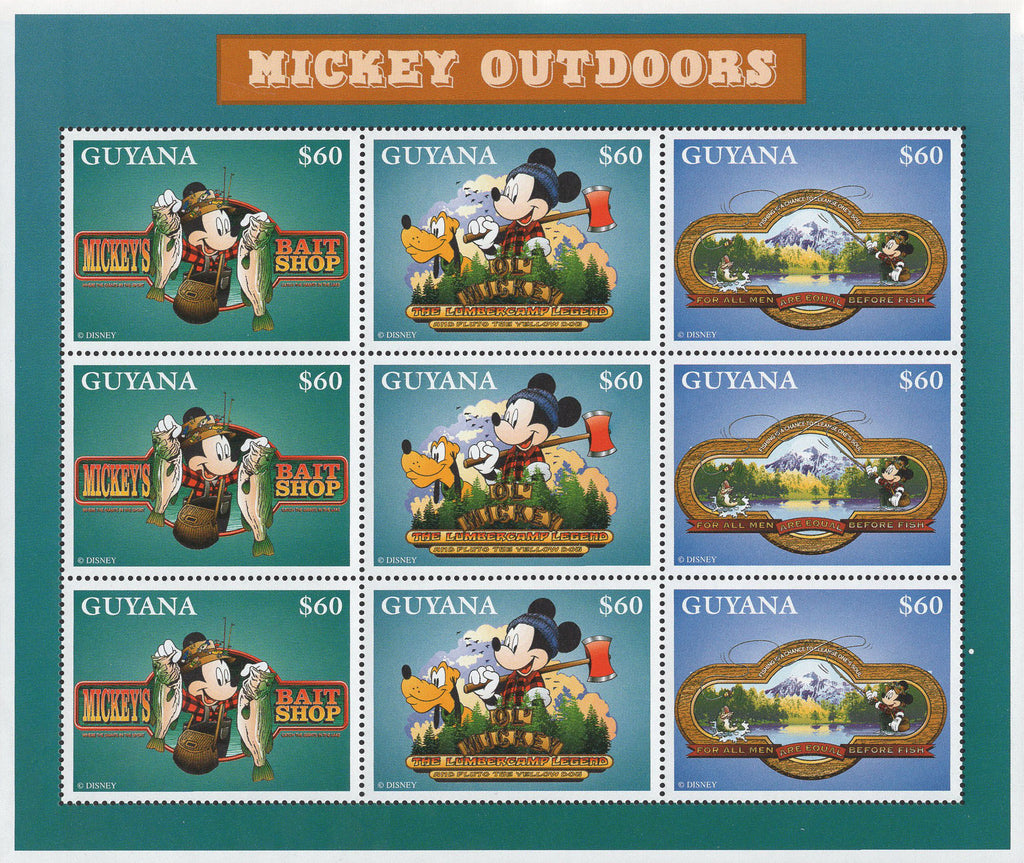 Guyana Mickey Outdoors Disney Souvenir Sheet of 9 Stamps Mint NH