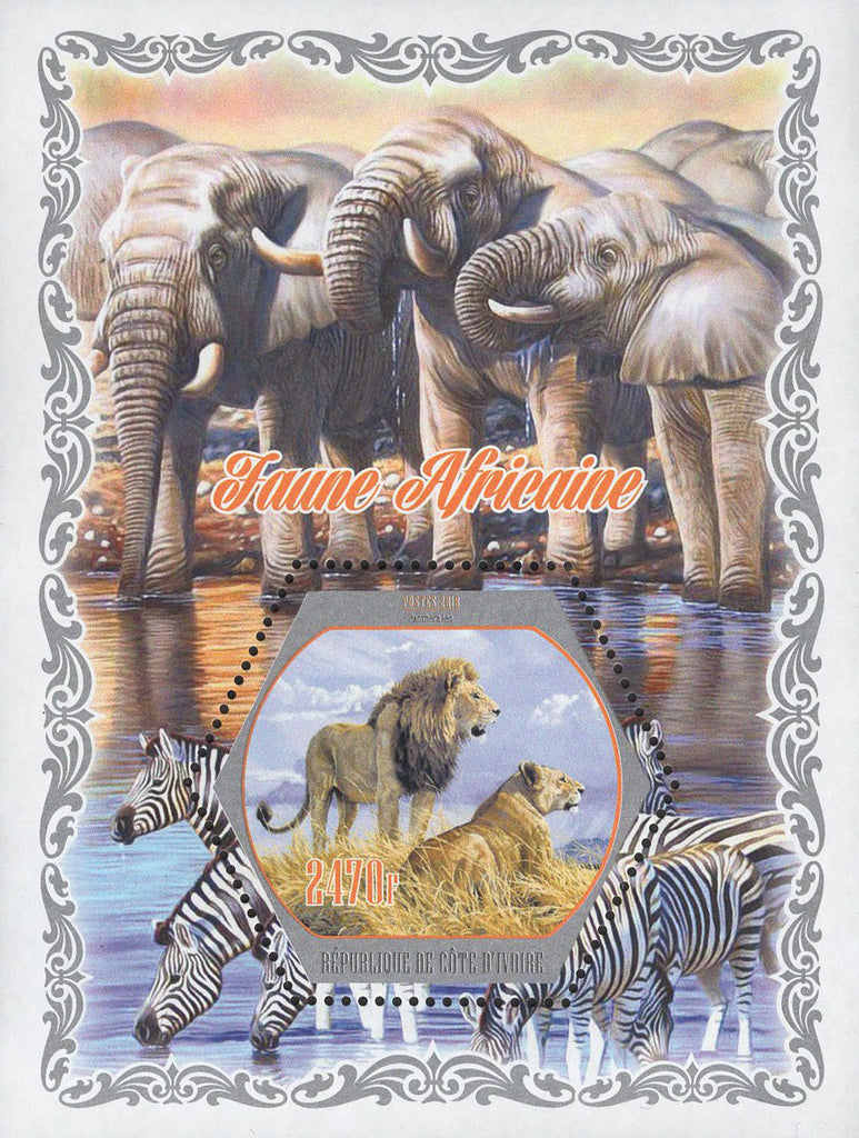 African Fauna Elephant Lion Zebra Sov. Sheet of 4 Stamps MNH