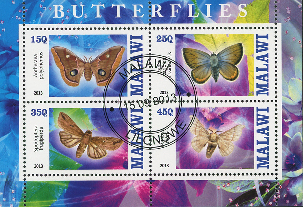 Malawi Butterfly Exotic Insect Flower Antheraea Souvenir Sheet of 4 Stamps