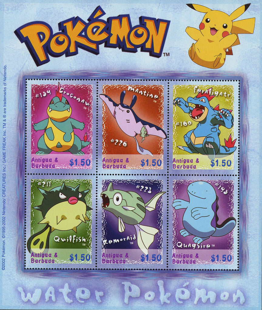 Pokemon Stamp Water Croconaw Mantine Qwilfish Remoraid Souvenir Sheet of 6 MNH
