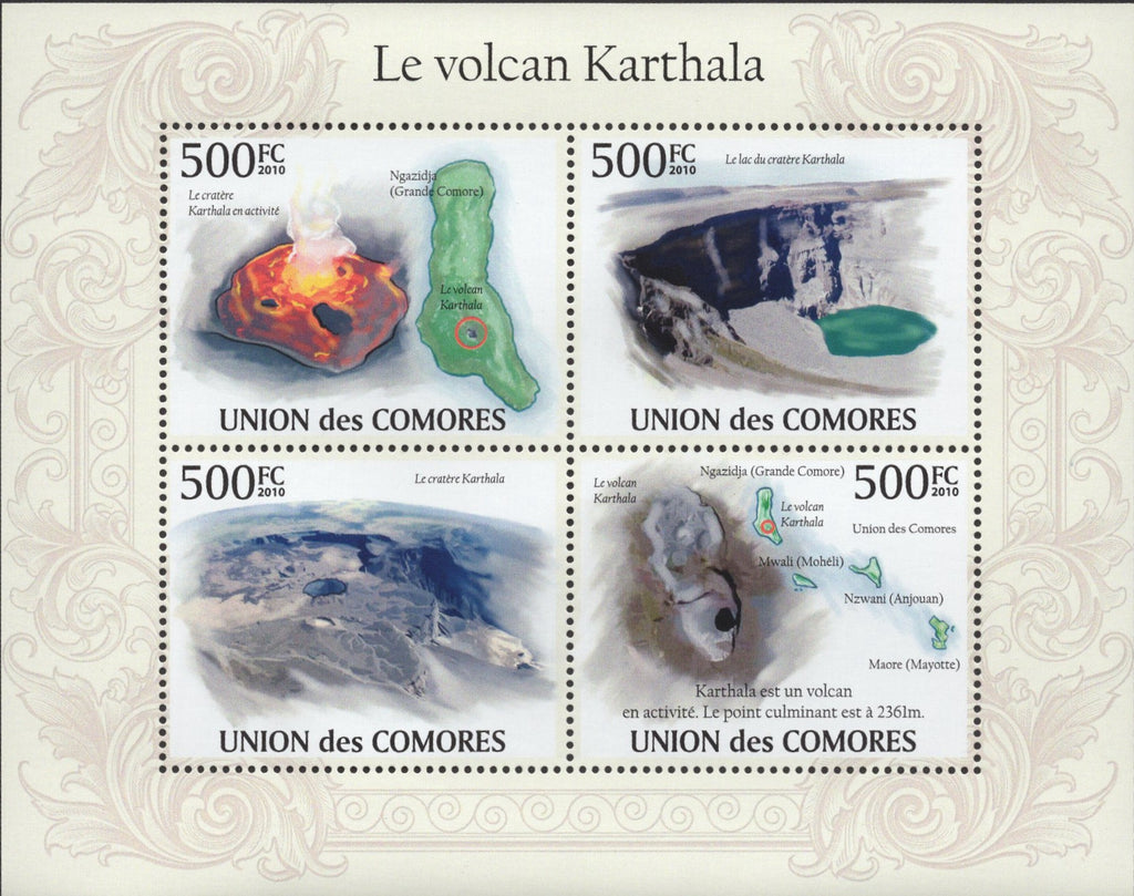 Karthala Vulcan Volcano Mountain Crater Souvenir Sheet of 4 stamps MNH