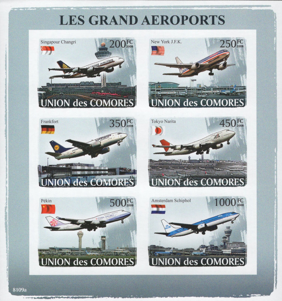 Famous Airports Airplanes Imperforated Sov. Sheet of 6 Stamps MNH