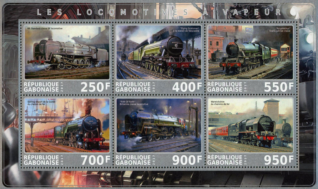 Gabon Steam Locomotive Transportation Souvenir Sheet of 6 Stamps Mint NH