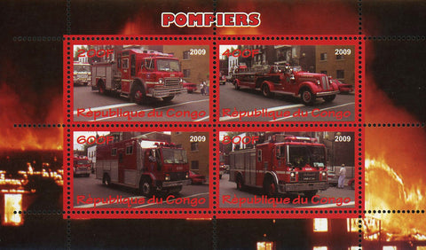Congo Firefighter Truck Transportation Souvenir Sheet of 4 Stamps Mint