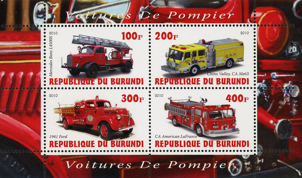 Firefighter Fireman Truck Vehicle Transportation Souvenir Sheet of 4 MNH