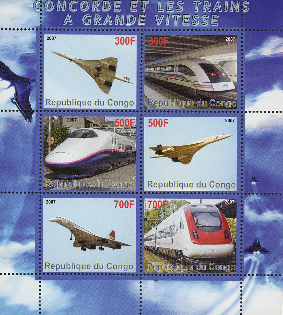 Congo Concorde and High Speed Train Transportation Souvenir Sheet of 6 Stamps Mi