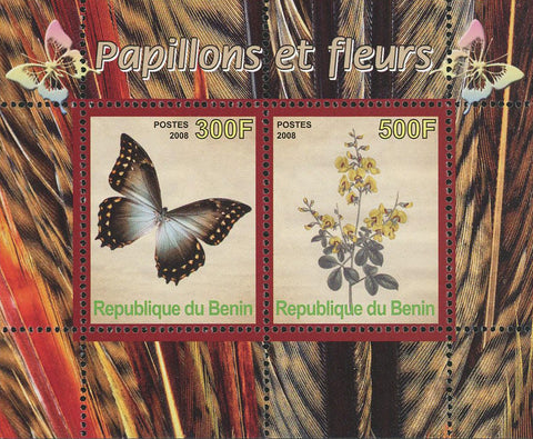 Benin Butterfly and Flower Insect Plant Nature Souvenir Sheet of 2 Stamps Mint N
