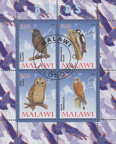 Malawi Birds Owl Falcon Souvenir Sheet of 4 Stamps