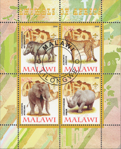 Malawi Animals Africa Warthog Cheetah Elephant Rhinoceros Souv. Sheet of 4