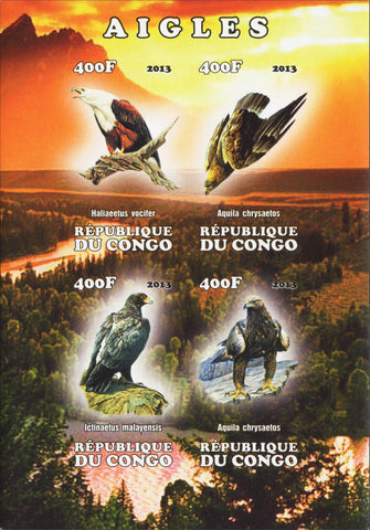 Congo Birds Eagles Sunset Forest Imp. Souvenir Sheet of 4 MNH