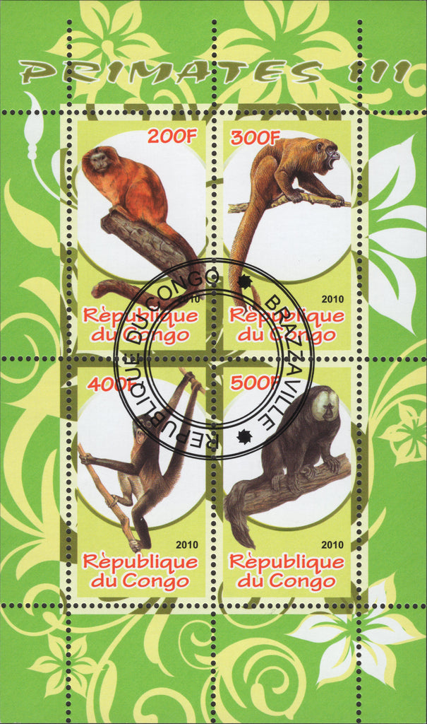Congo Primates Monkeys Souvenir Sheet of 4 Stamps