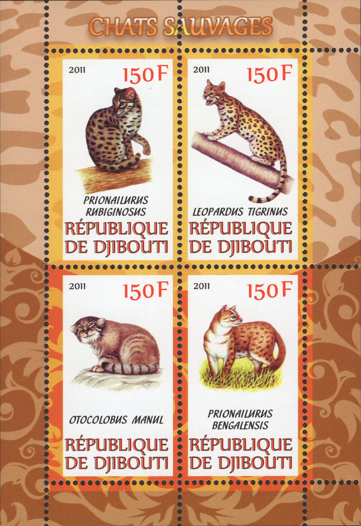 Djibouti Wild Cats Felines Souvenir Sheet of 4 MNH