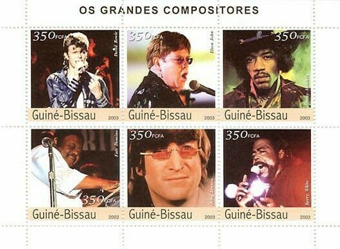 Music Stamp D. Bowie Elton John Jimi Hendrix John Lennon Barry White S/S MNH