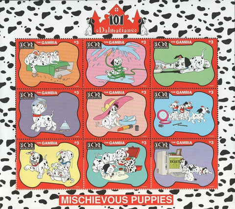 101 Dalmatians Disney Stamp Mischievous Puppies Souvenir Sheet of 9 Stamps MNH