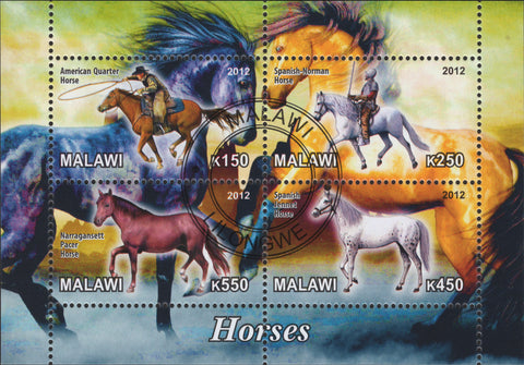 Malawi Horses Cowboy Animals Souvenir Sheet include 4 stamps