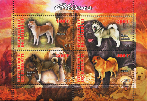 Djibouti Dogs Alaskan Malamute Souvenir Sheet of 4 Stamps MNH