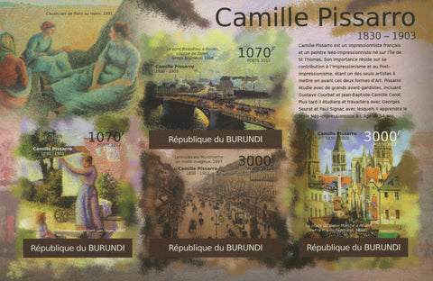 Famous Painter Camille Pissarro Imperforated Sov. Sheet of 4 Stamps MNH