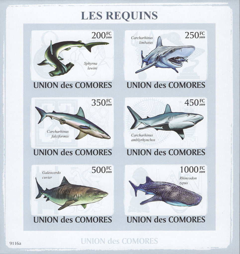 Sharks, Animals, Nature, Imperforate souvenir sheet of 6 stamps, Mint NH