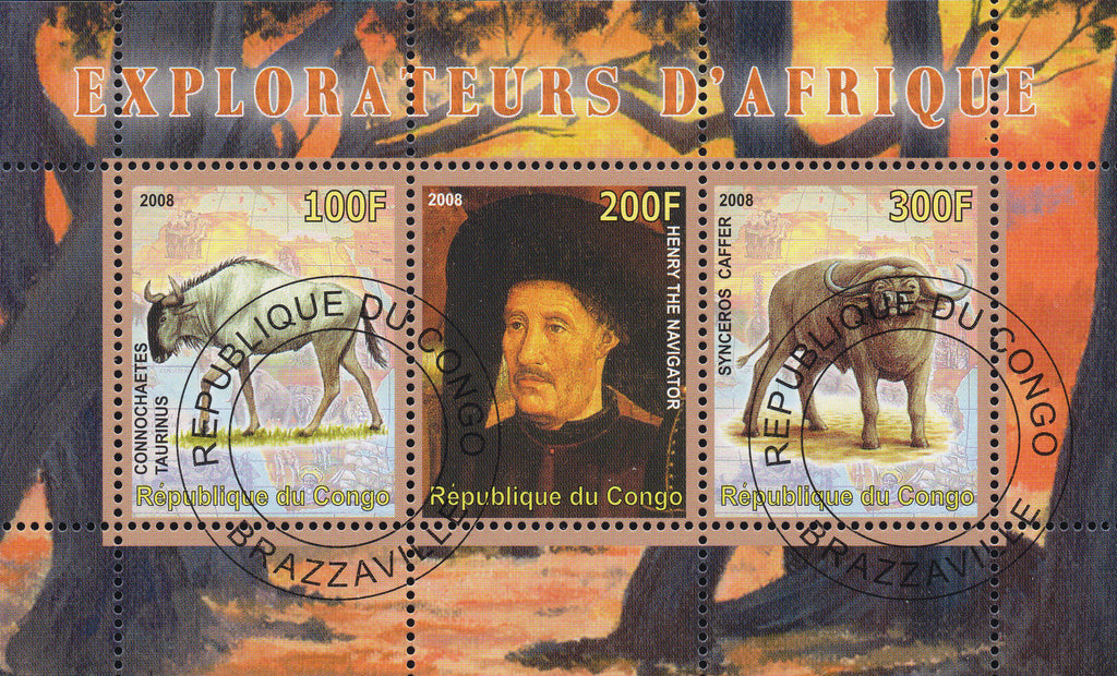 Congo - bulls - Stamp Souvenir Sheet Explorers of Africa