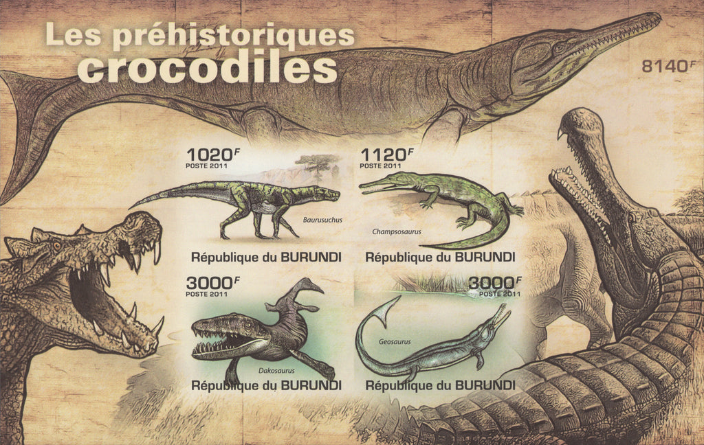 Prehistoric Crocodiles Imperforated Souvenir Sheet of 4 Stamps MNH