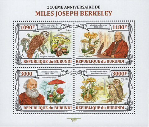 Miles Joseph Berkeley Owl Mushrooms Sov. Sheet of 4 Stamp MNH