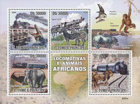 Locomotives and Animals Souvenir Sheet of 4 Stamps Mint NH