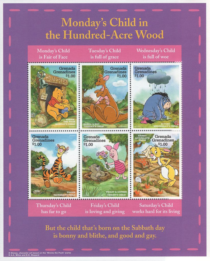 Grenada Monday's Child Winnie the Pooh Souvenir Sheet of 6 Stamps MNH