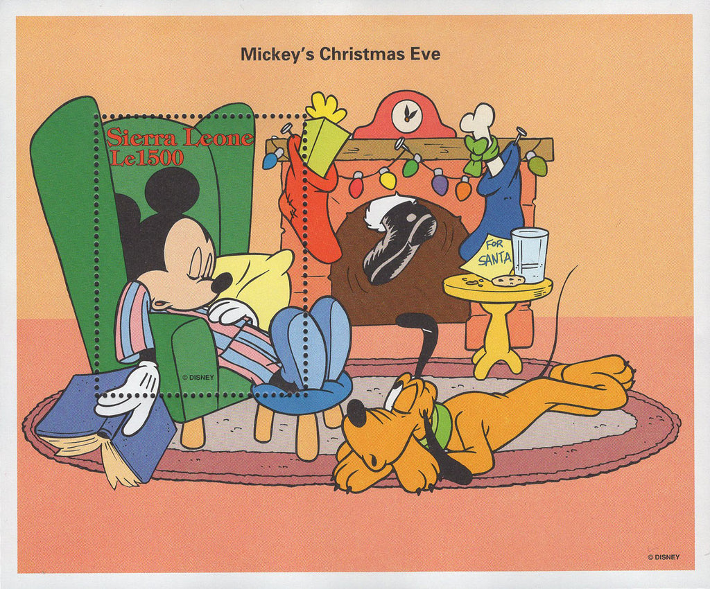 Disney Stamp Mickey Mouse Mickey's Christmas Eve Pluto Santa Souv. Sheet MNH