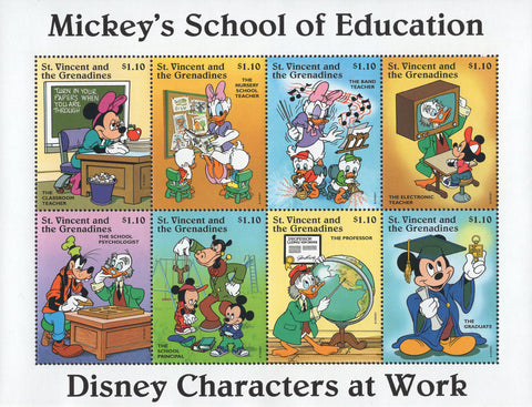 St. Vincent Disney Mickey's School of Education Souv. Sheet of 8 Stamps MNH