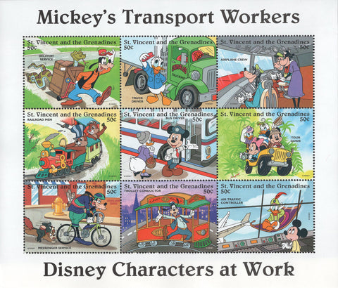 St. Vincent Disney Mickey's Transport Workers Car Train Bus Souv. of 8 MNH