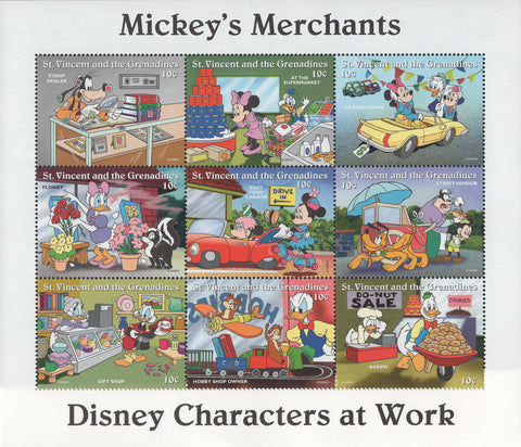St. Vincent Disney Mickey's Merchants Minnie Donald Duck Car Stamps Souv. of 8 M