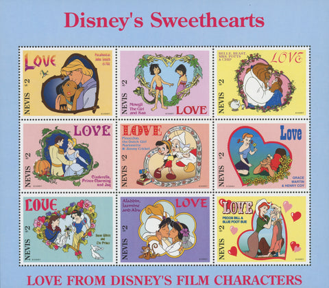 Nevis Disney Sweethearts Mowgli Pinocchio Aladdin Snow White Souv. of 9 MNH