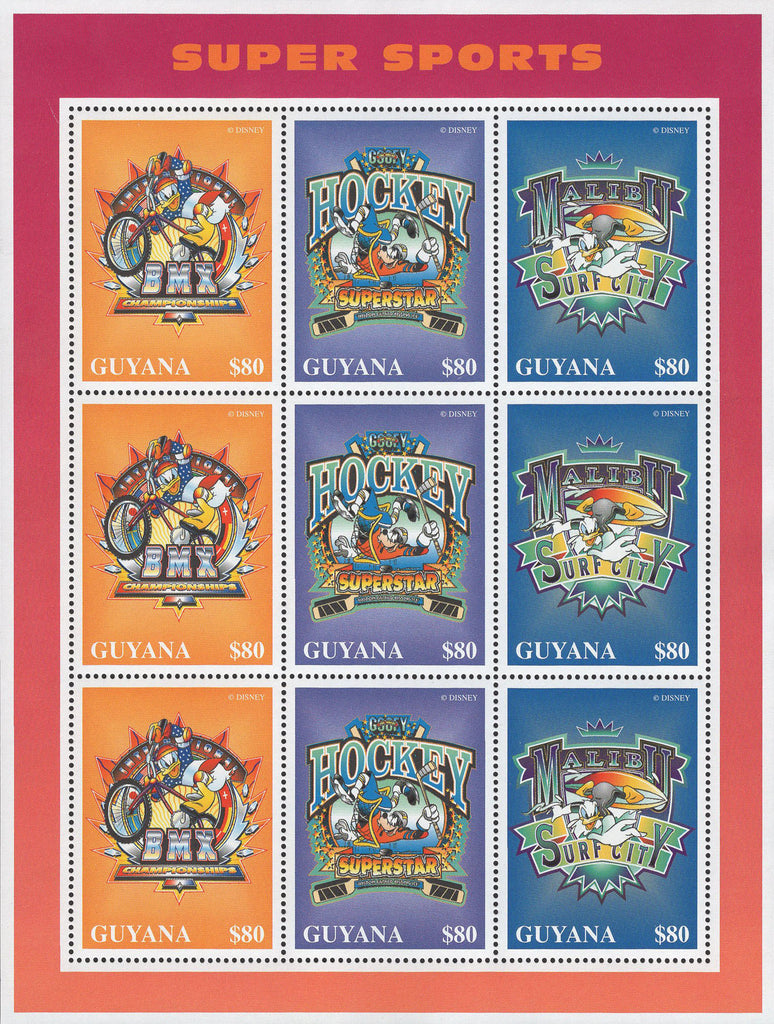 Guyana Disney Super Sports Hockey Souvenir Sheet of 9 Stamps Mint NH