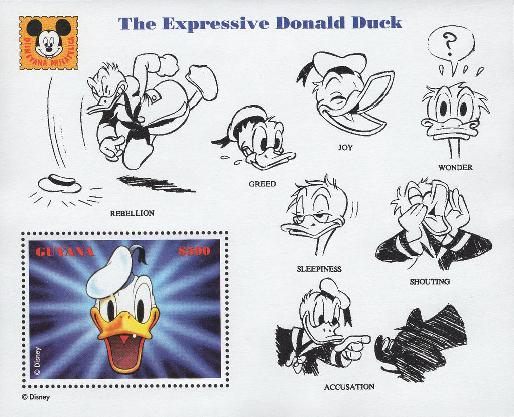 Guyana The Expressive Donald Duck Joy Wonder Greed Souvenir Sheet MNH