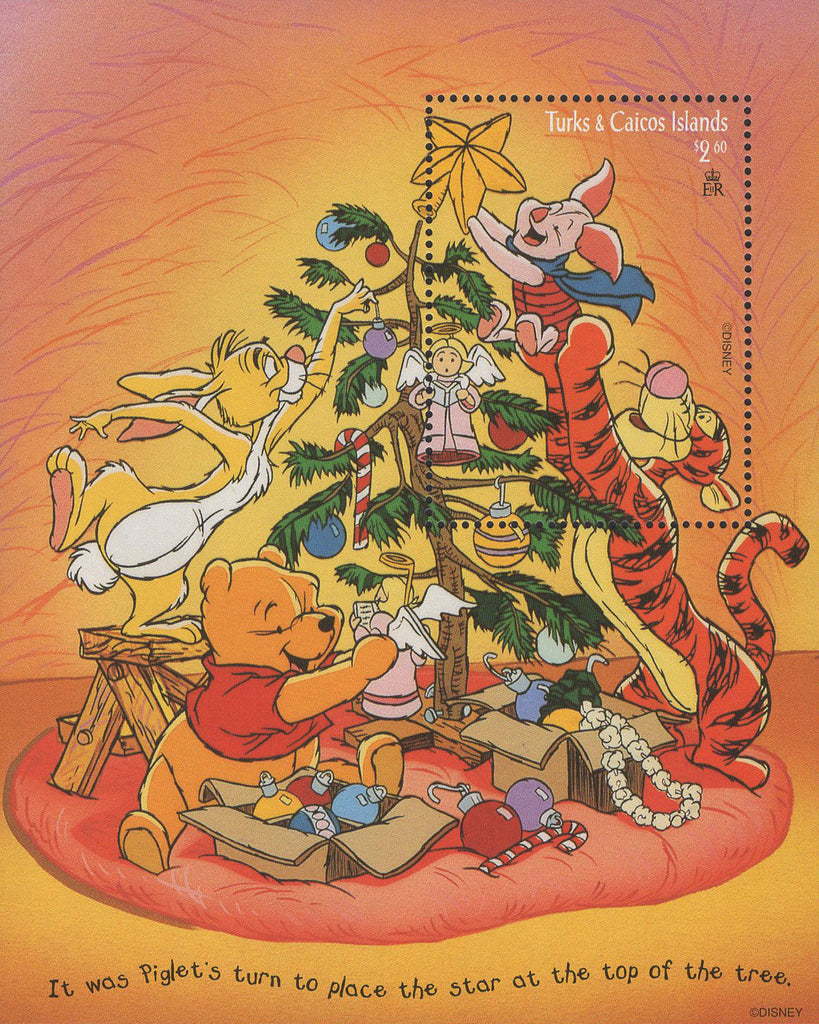 Turks and Caicos Christmas Tree Pooh Tiger Piglet Gifts Souvenir Sheet MNH