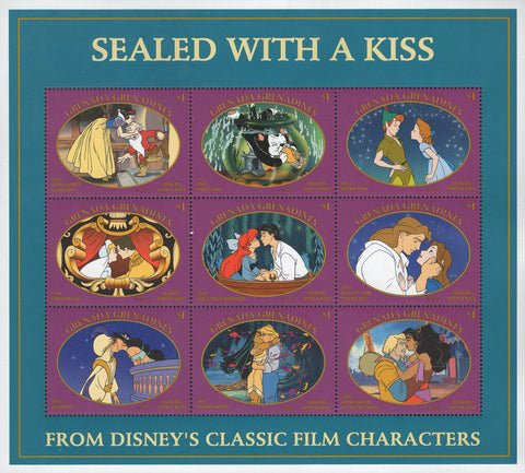 Grenada Sealed With a Kiss Disney Classic Films Sov. Sheet of 9 Stamps MNH