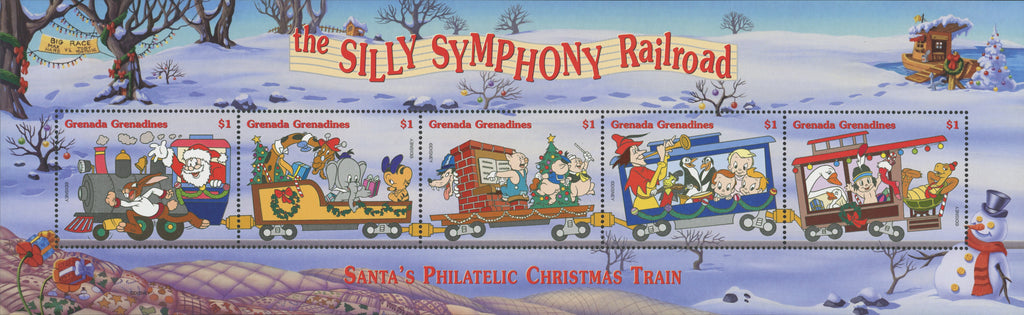 Silly Symphony Railroad Santa Christmas Souv of 5 Stamps MNH