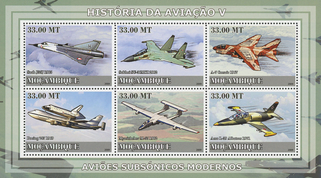 Mozambique Aviation History Supersonic Airplanes Souvenir Sheet of 6 Stamps MNH