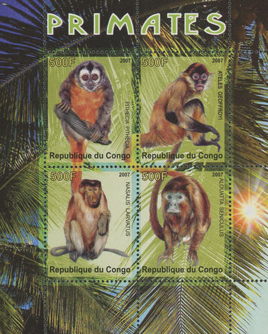 Congo Primates Monkeys Wild Life Souvenir Sheet of 4 Stamps Mint NH