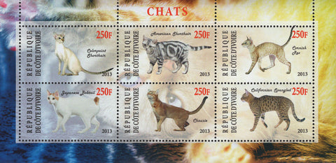 Cote D'Ivoire Cats Domestic Animals Souvenir Sheet of 6 Stamps Mint NH