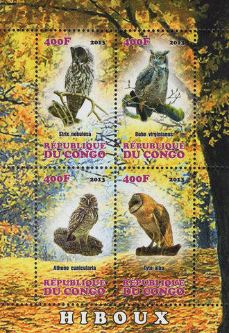 Congo Owls Birds Souvenir Sheet of 4 Stamps Mint NH