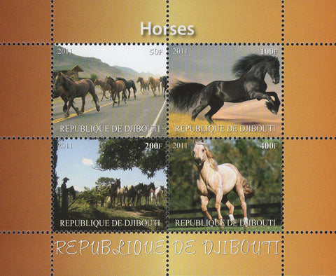 Horses Running Landscape Highway Souvenir Sheet of 4 Stamps Mint NH