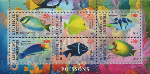 Cote D'Ivoire Fish Corals Marine Life Souvenir Sheet of 6 Stamps Mint NH