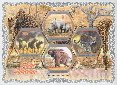 African Fauna Rhino Panther Giraffe Elephant Sov. Sheet of 4 Stamps MNH