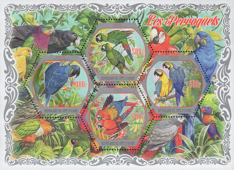 Cote D'Ivoire Parrots Birds Jungle Souvenir Sheet of 4 Stamps Mint NH
